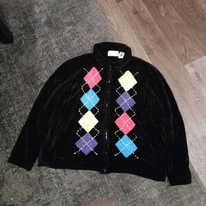 Vintage 1990s Alfred Dunner Zip Up Fleece Sweater / Argyle Print / 90s Sweater /